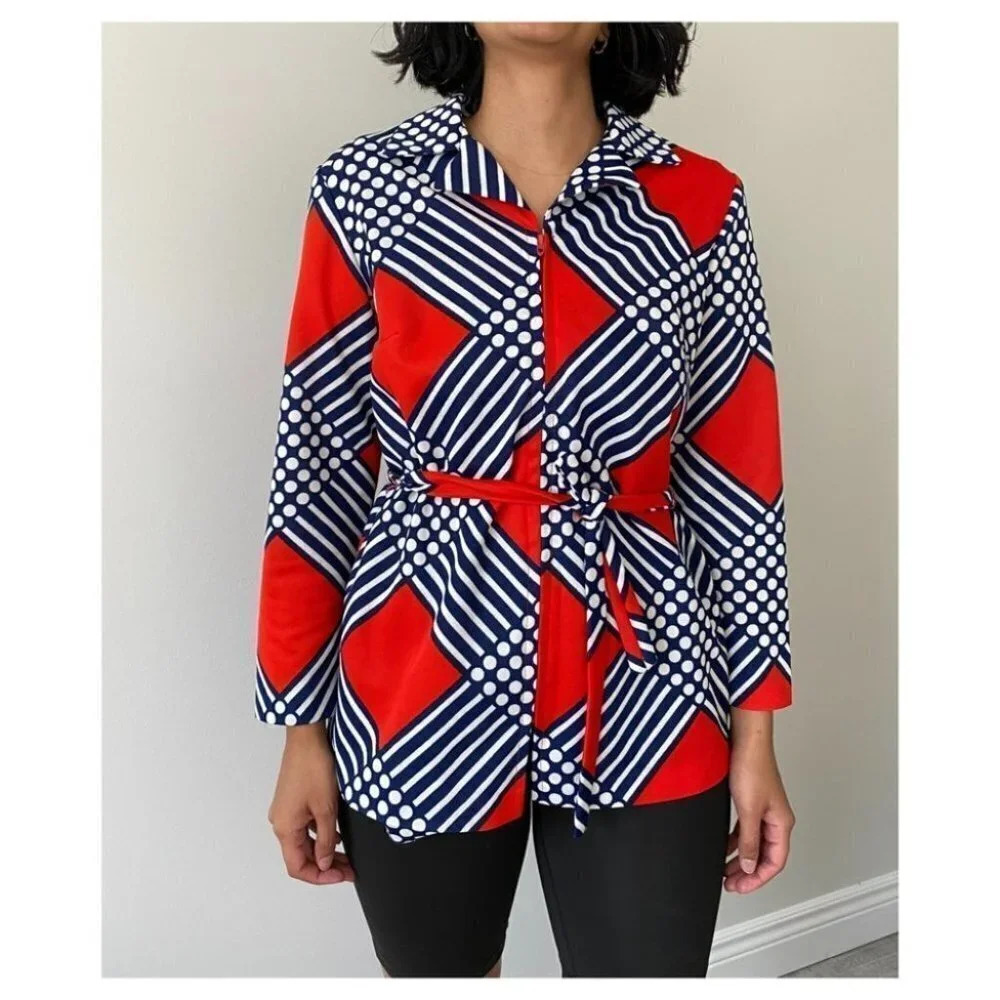 Vintage - 1970’s Zip Up Red Blue Retro Shirt Jacket